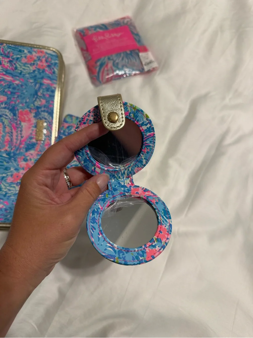 Lilly Pulitzer Blue Pink Green Tropical Travel Set with Gold Trim